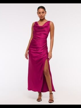 Abercrombie & Fitch Magenta Ruched Cowl Neck Maxi Dress with Side Slit Sz L New